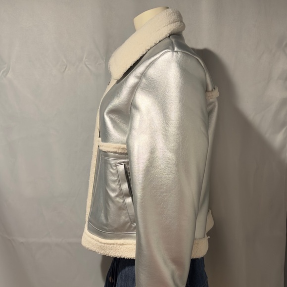 Silver Bomber Jacket Shearling Aviator Coat Steampunk Glam Rock Large - Picture 2 of 5